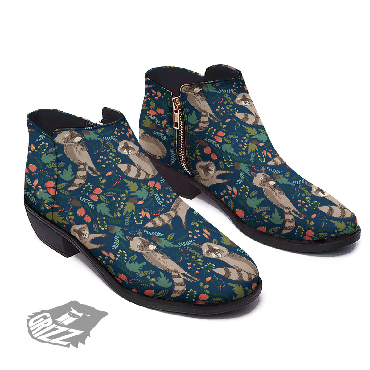 Floral And Raccoon Print Pattern Ankle Boots-grizzshop