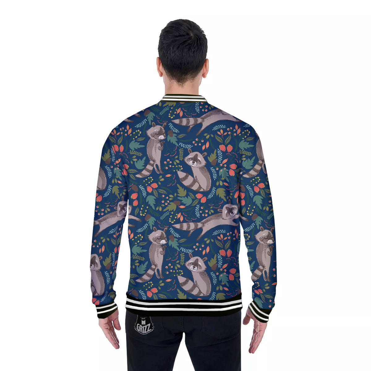 Floral And Raccoon Print Pattern Baseball Jacket-grizzshop