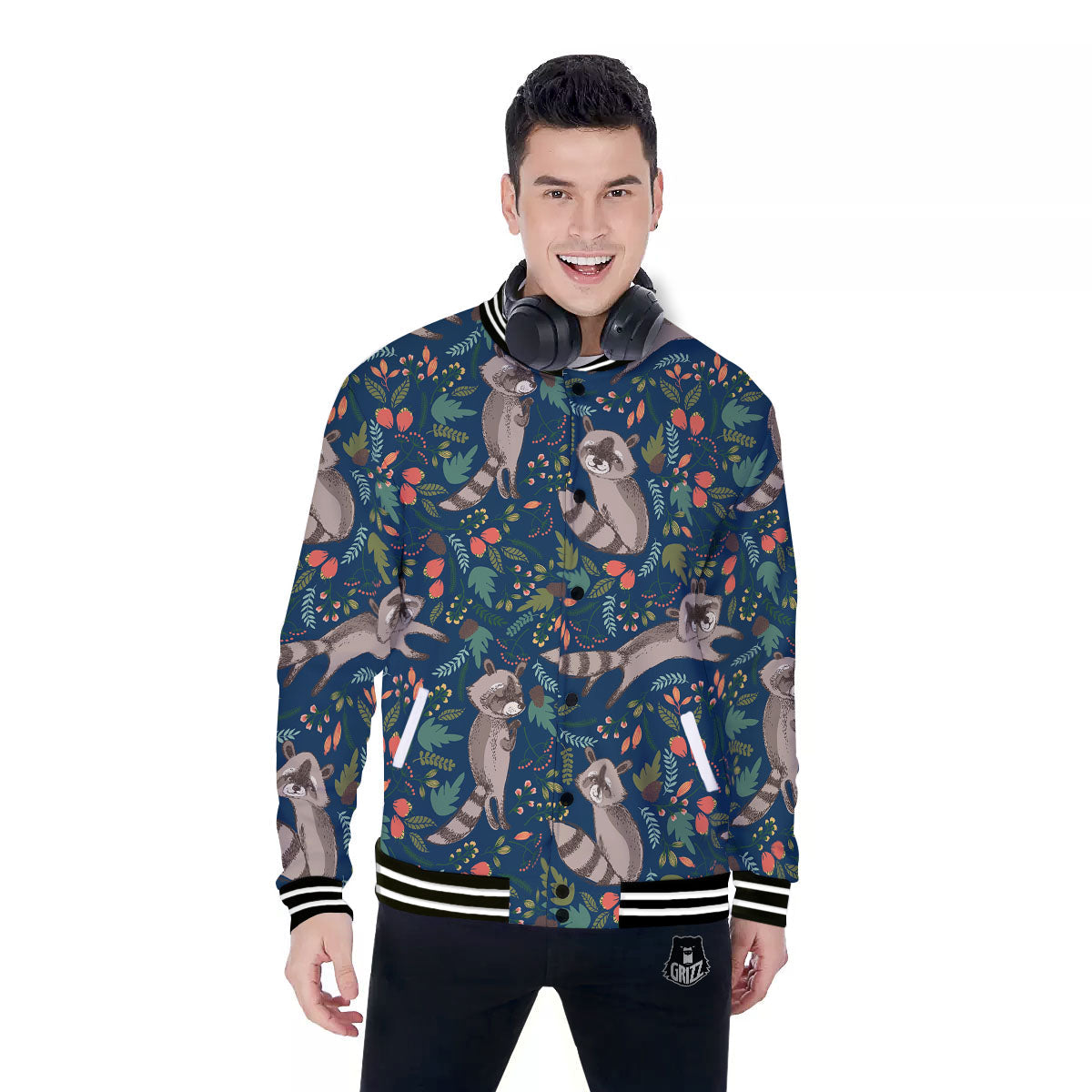 Floral And Raccoon Print Pattern Baseball Jacket-grizzshop