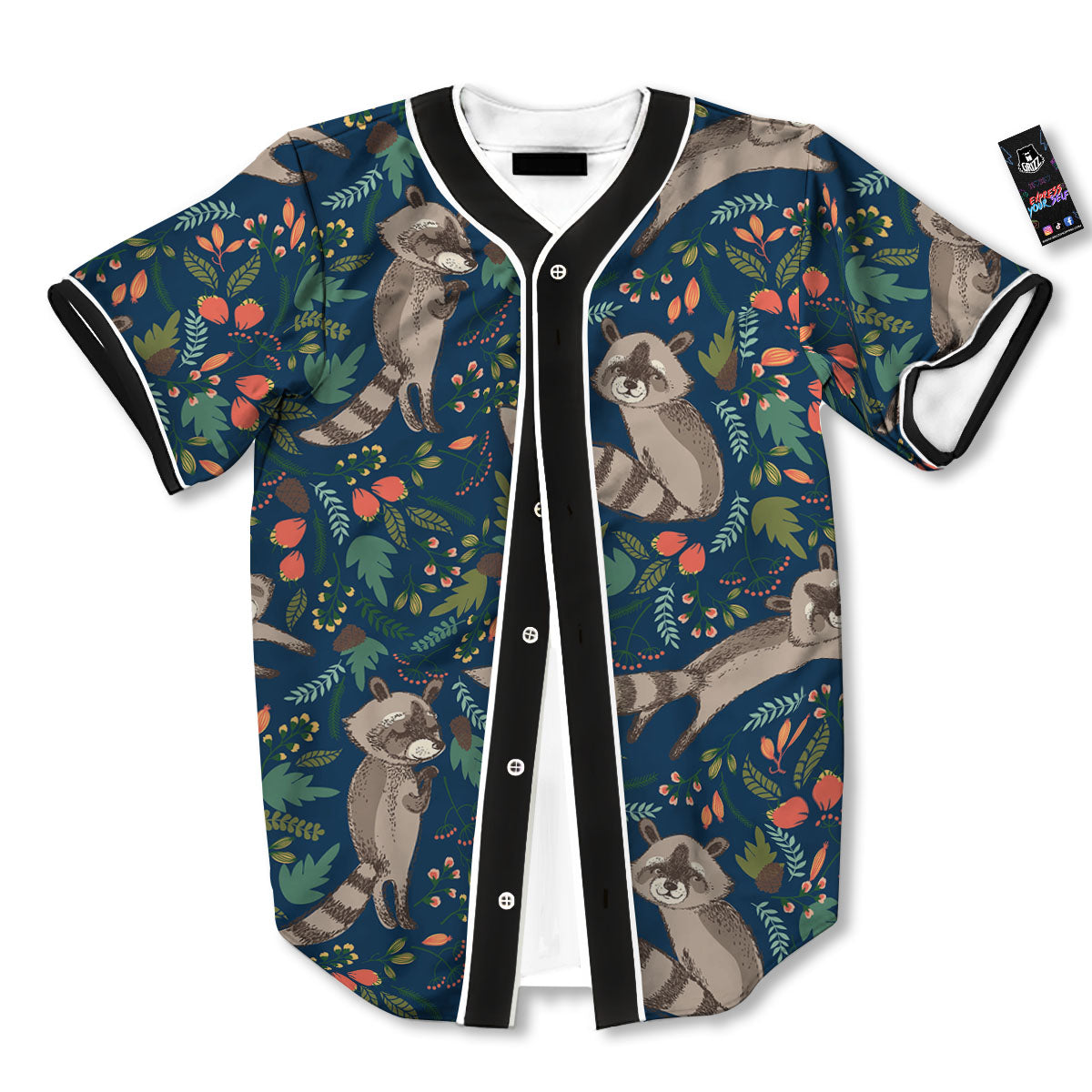 Floral And Raccoon Print Pattern Baseball Jersey-grizzshop
