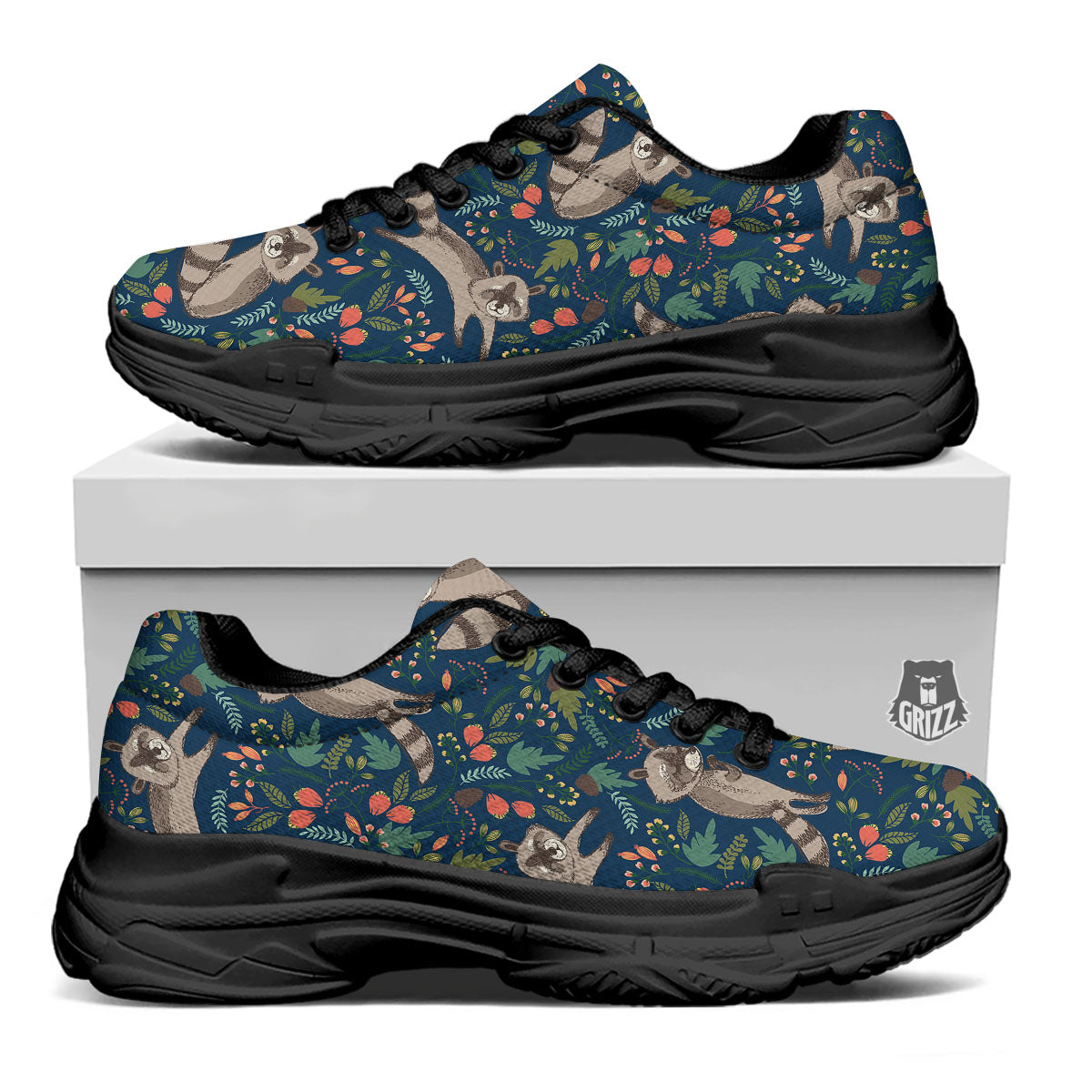 Floral And Raccoon Print Pattern Black Chunky Shoes-grizzshop