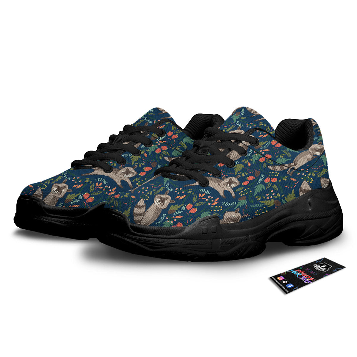 Floral And Raccoon Print Pattern Black Chunky Shoes-grizzshop
