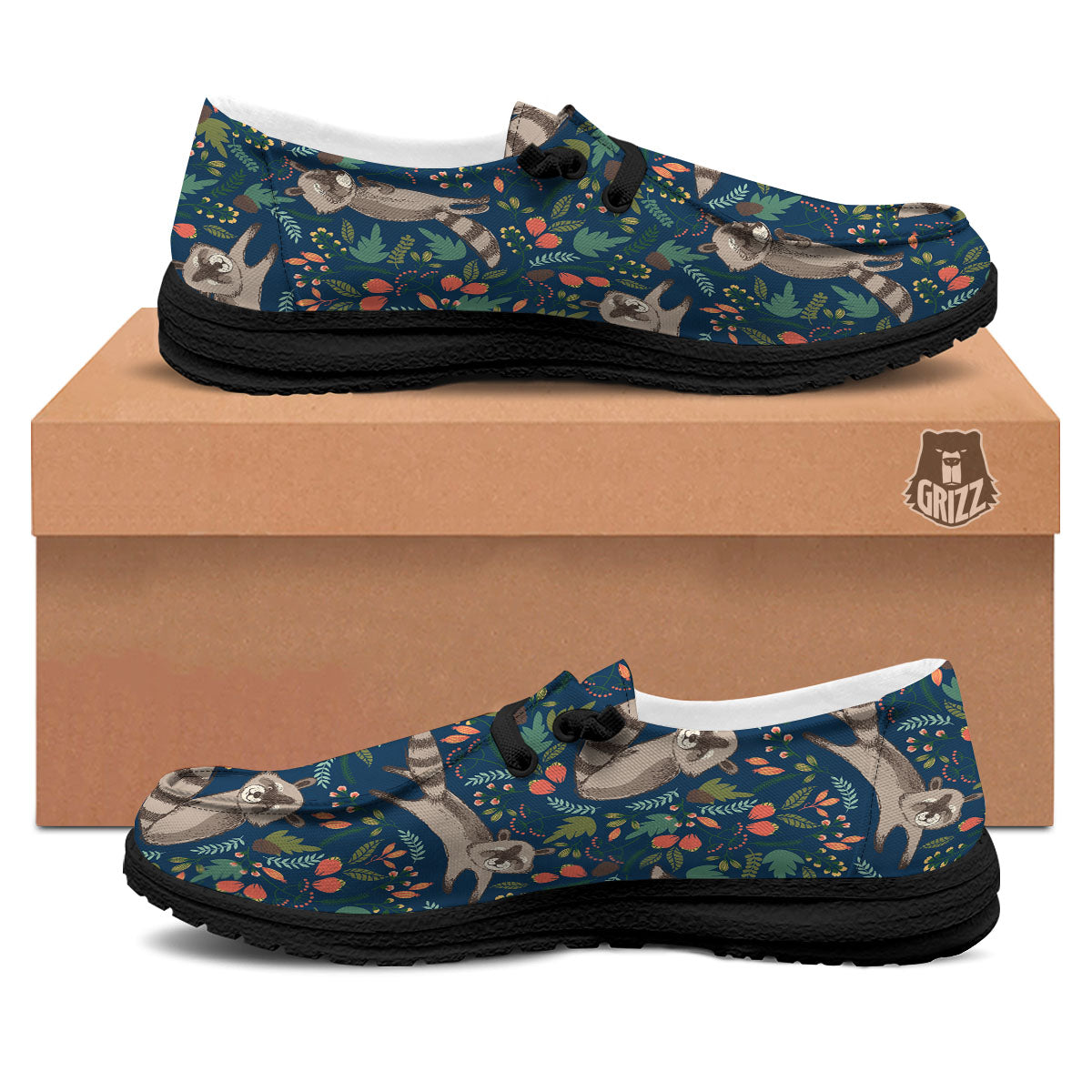 Floral And Raccoon Print Pattern Black Loafers-grizzshop