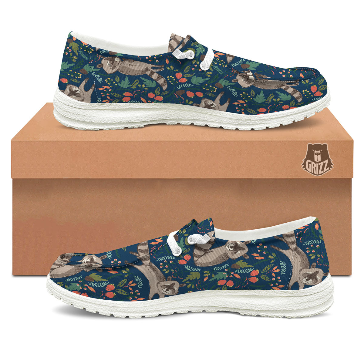 Floral And Raccoon Print Pattern Black Loafers-grizzshop
