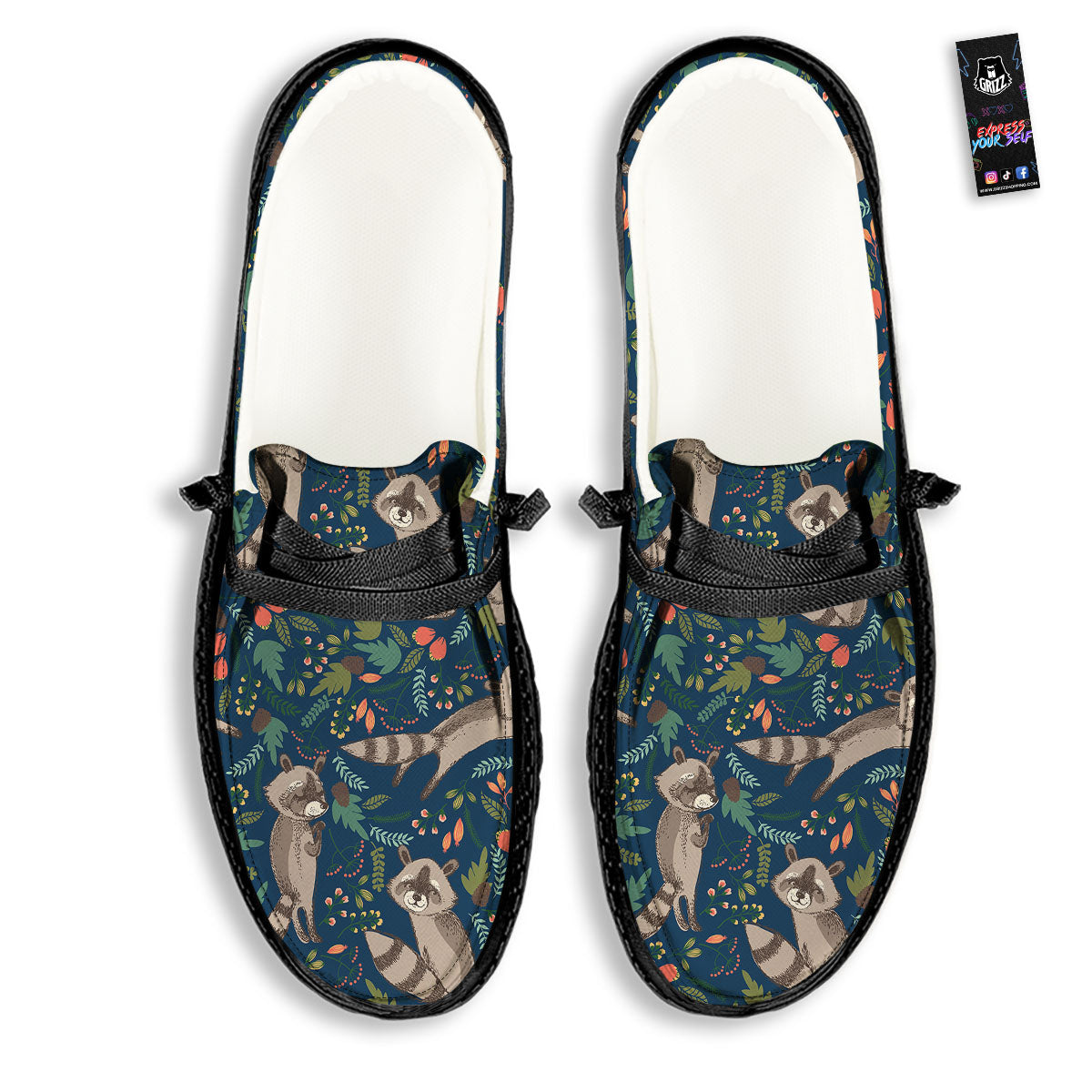 Floral And Raccoon Print Pattern Black Loafers-grizzshop