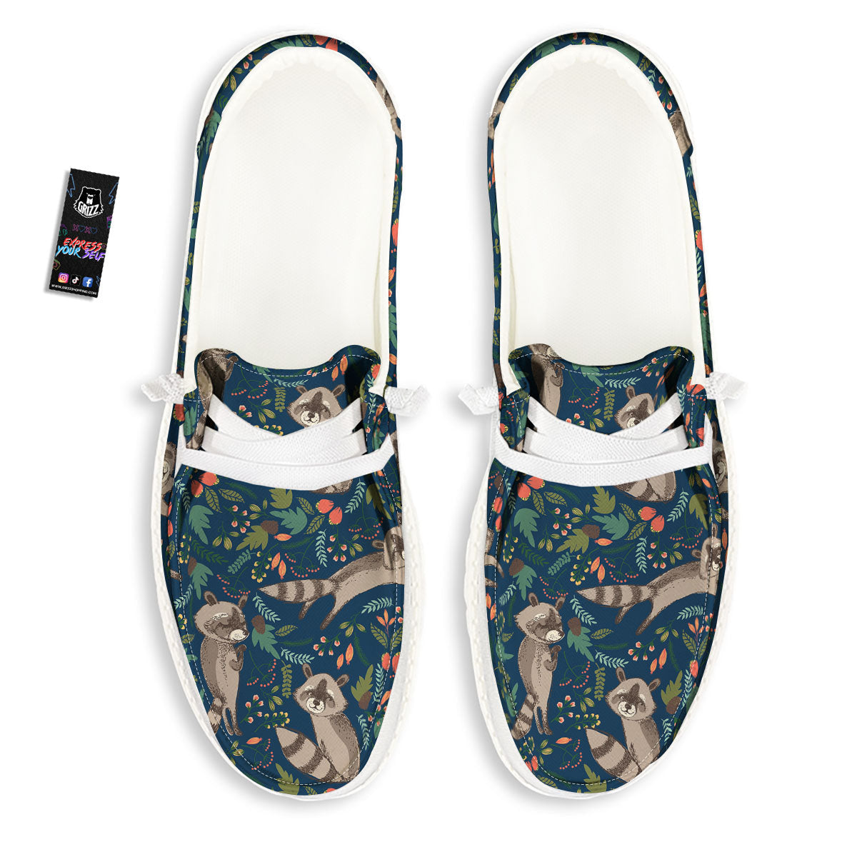 Floral And Raccoon Print Pattern Black Loafers-grizzshop