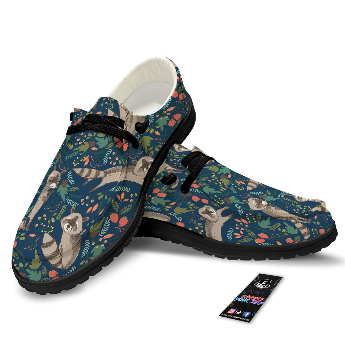 Floral And Raccoon Print Pattern Black Loafers-grizzshop