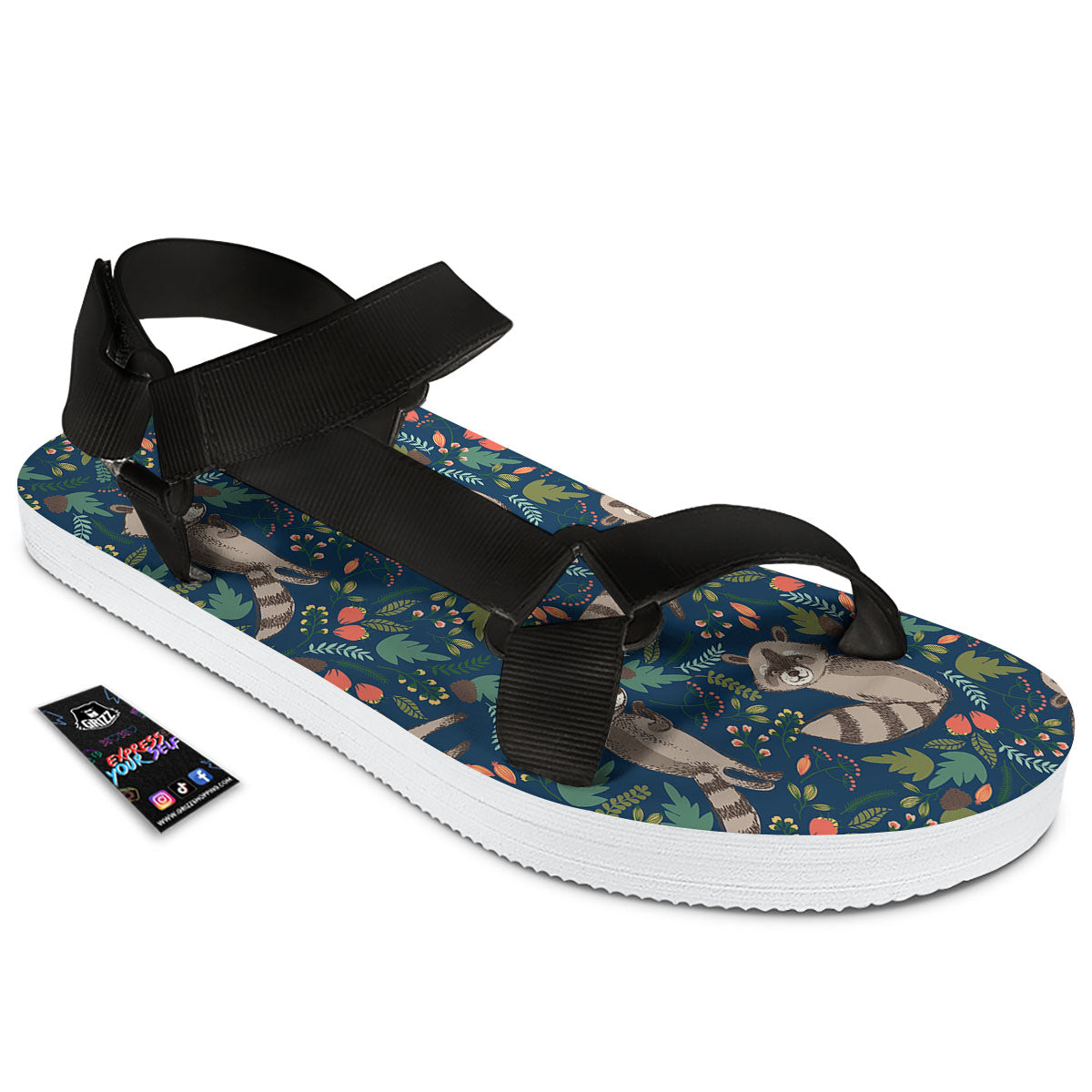 Floral And Raccoon Print Pattern Black Open Toe Sandals-grizzshop