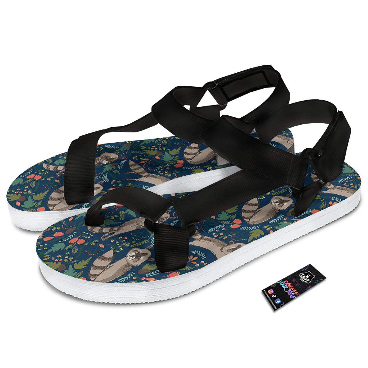 Floral And Raccoon Print Pattern Black Open Toe Sandals-grizzshop