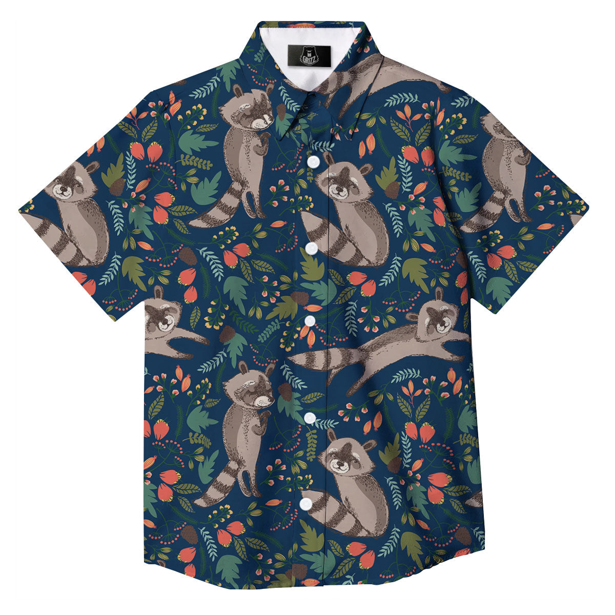 Floral And Raccoon Print Pattern Button Up Shirt-grizzshop