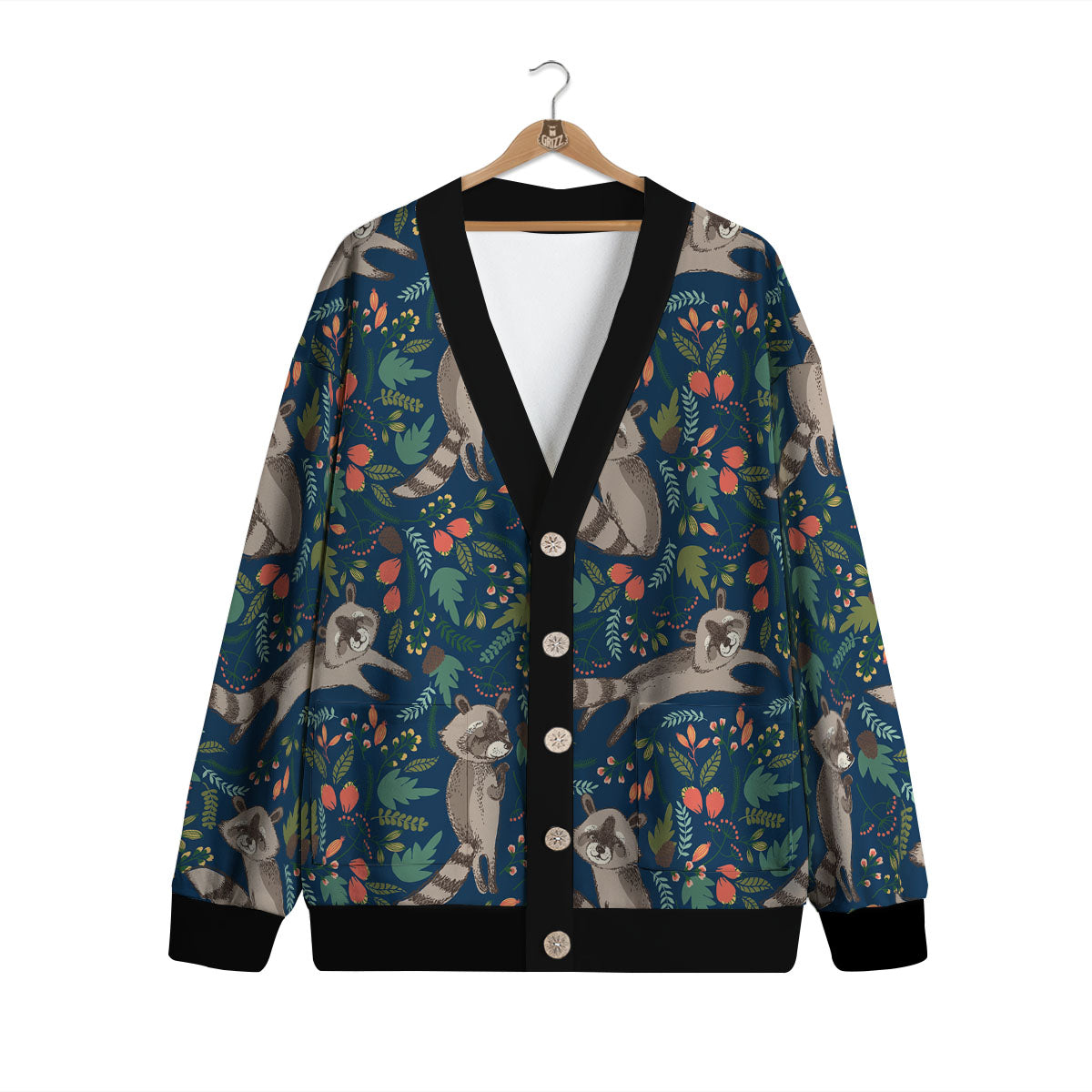 Floral And Raccoon Print Pattern Cardigan-grizzshop