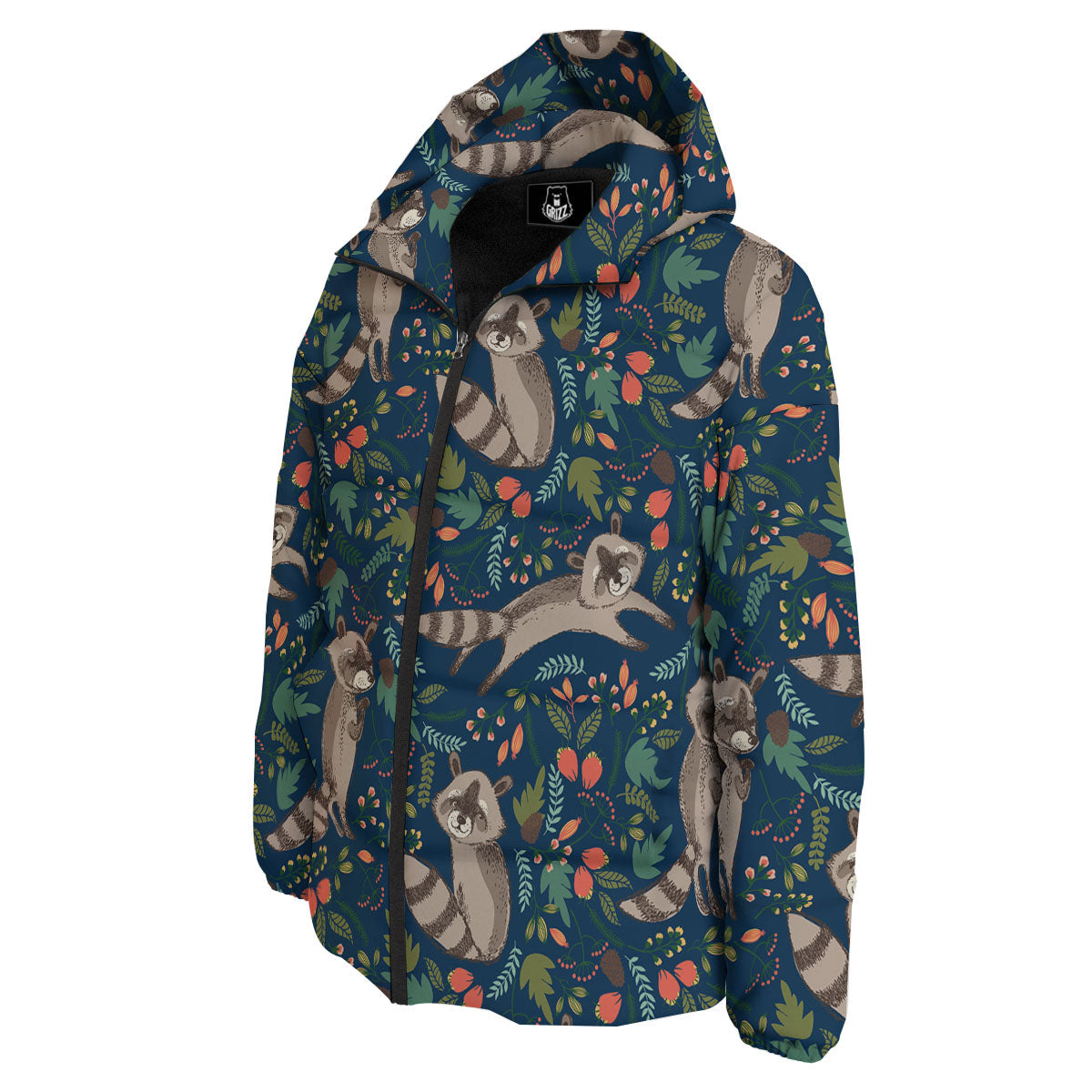 Floral And Raccoon Print Pattern Down Jacket-grizzshop