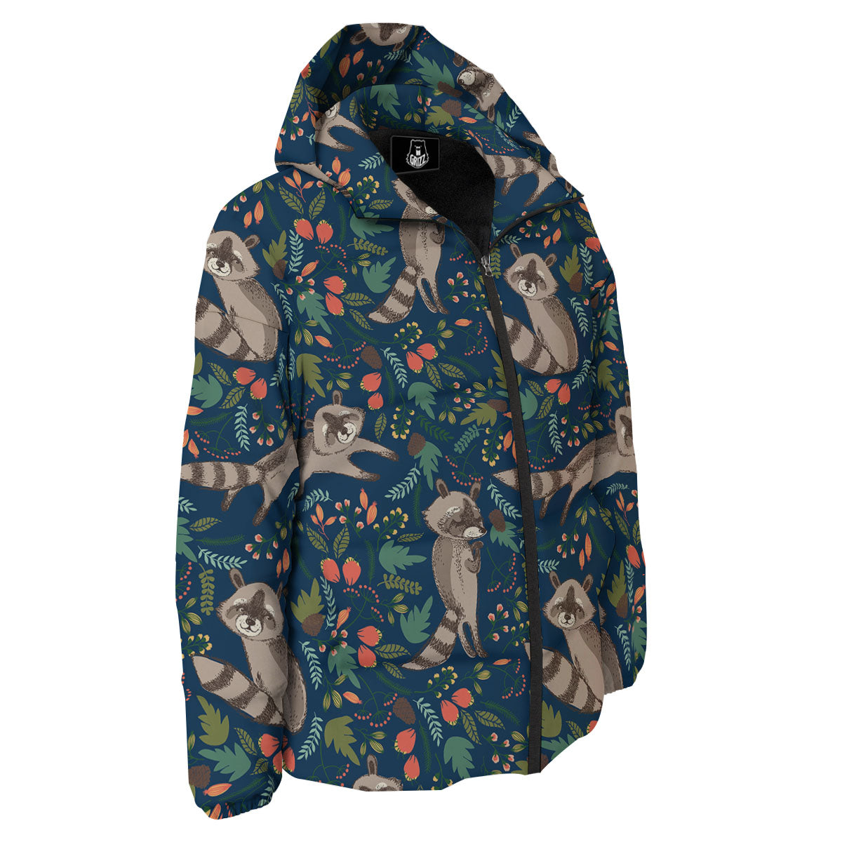 Floral And Raccoon Print Pattern Down Jacket-grizzshop