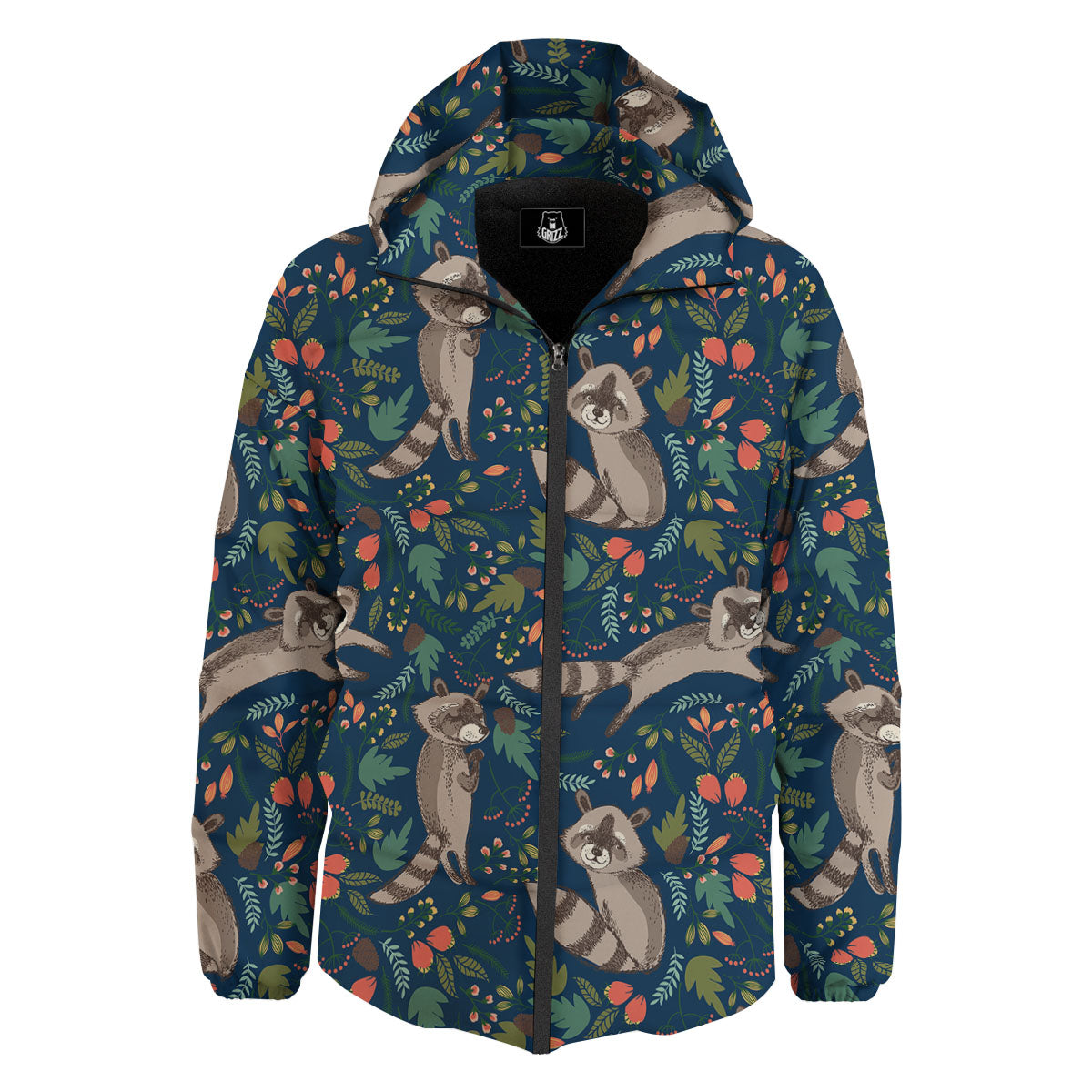 Floral And Raccoon Print Pattern Down Jacket-grizzshop