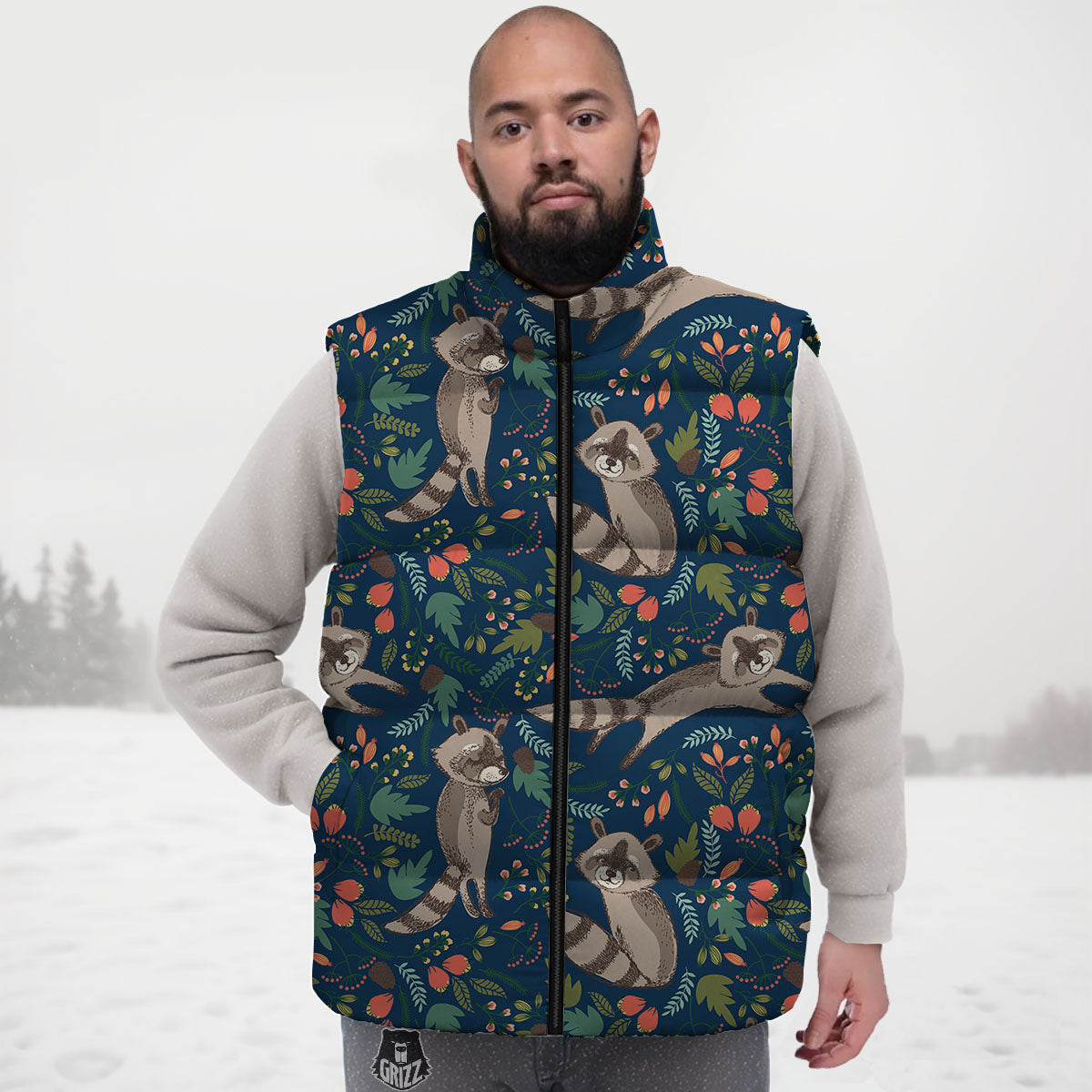 Floral And Raccoon Print Pattern Down Vest