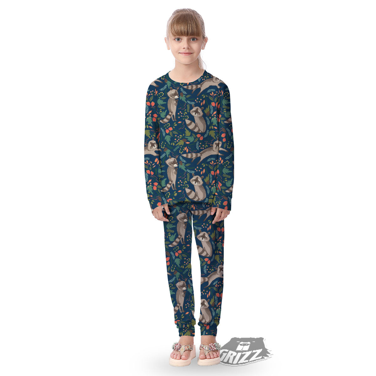 Floral And Raccoon Print Pattern Kid's Pajamas-grizzshop