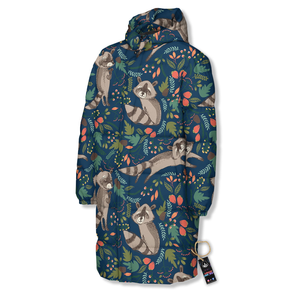 Floral And Raccoon Print Pattern Long Down Jacket-grizzshop