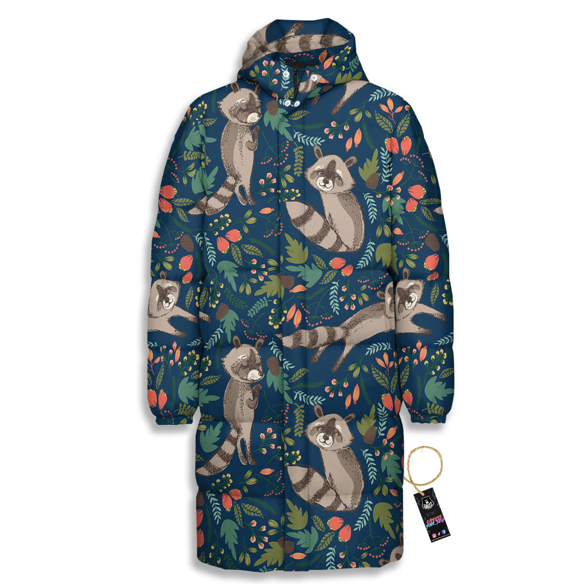 Floral And Raccoon Print Pattern Long Down Jacket-grizzshop