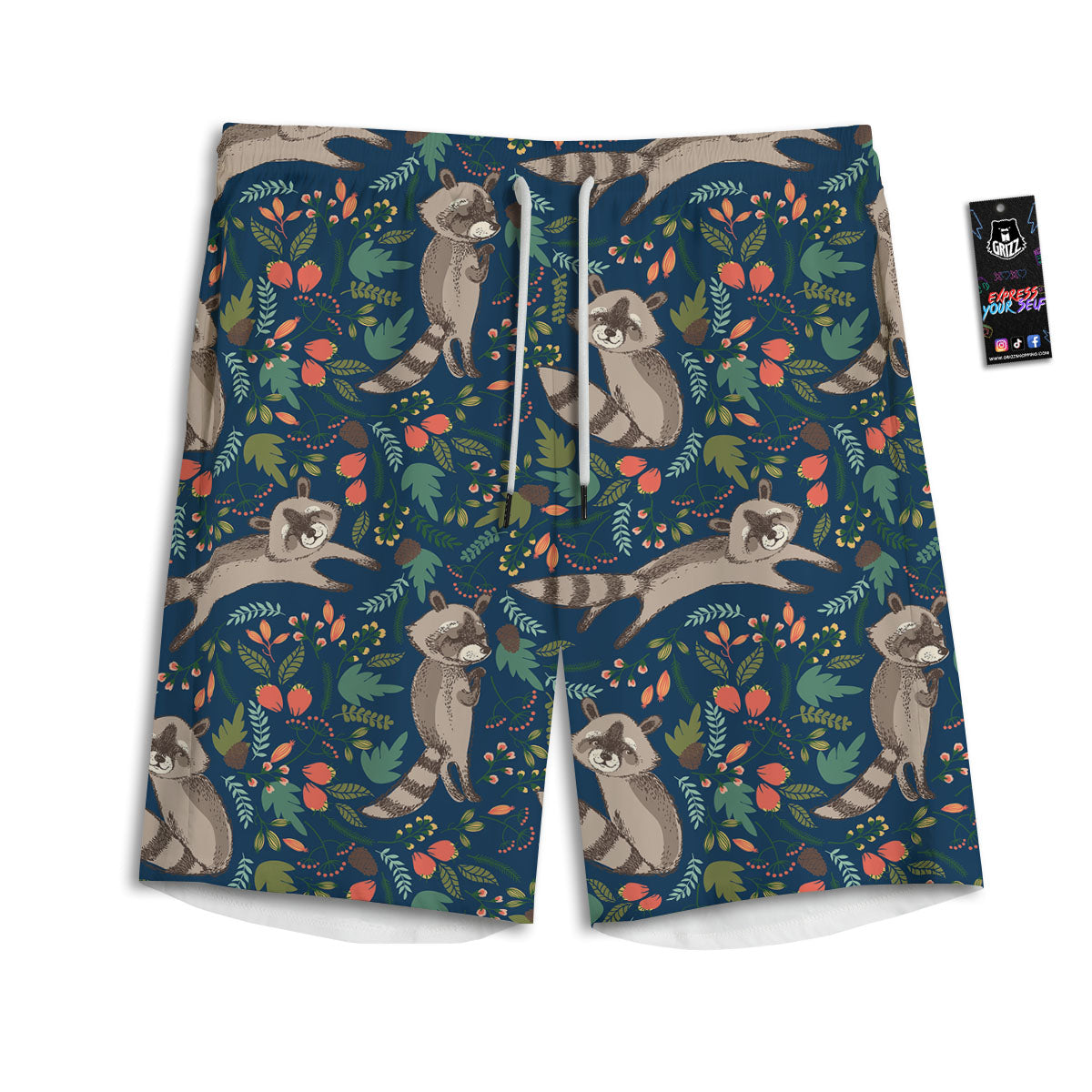 Floral And Raccoon Print Pattern Men's Athletic Shorts