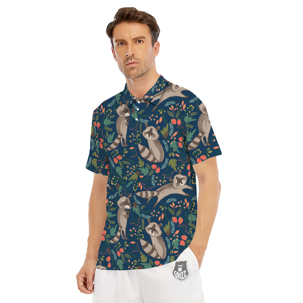 Floral And Raccoon Print Pattern Men's Golf Shirts-grizzshop