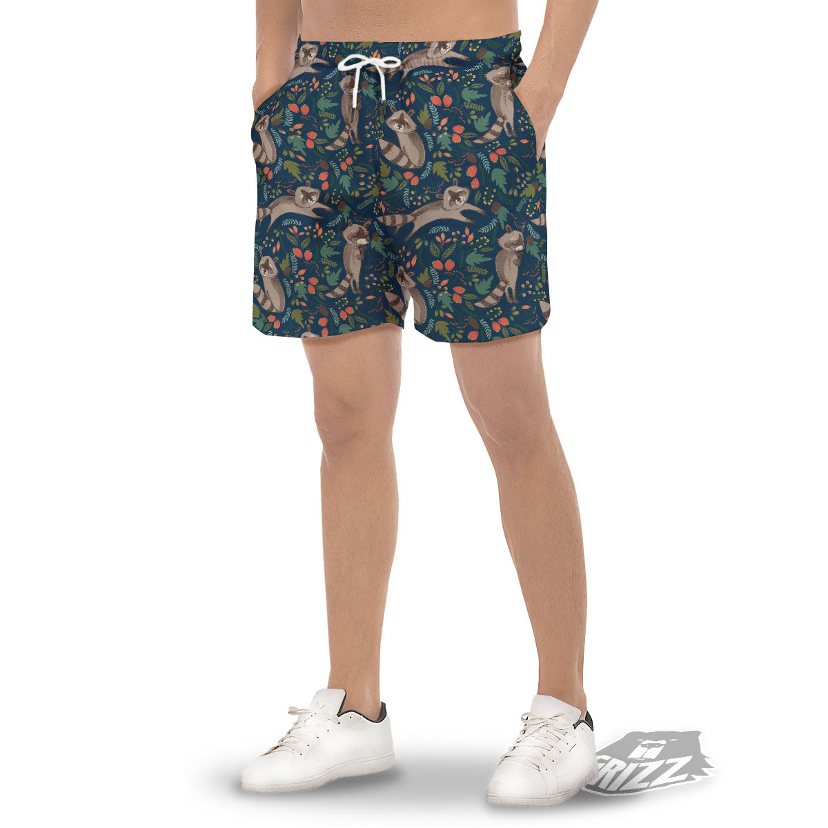 Floral And Raccoon Print Pattern Men's Gym Shorts-grizzshop