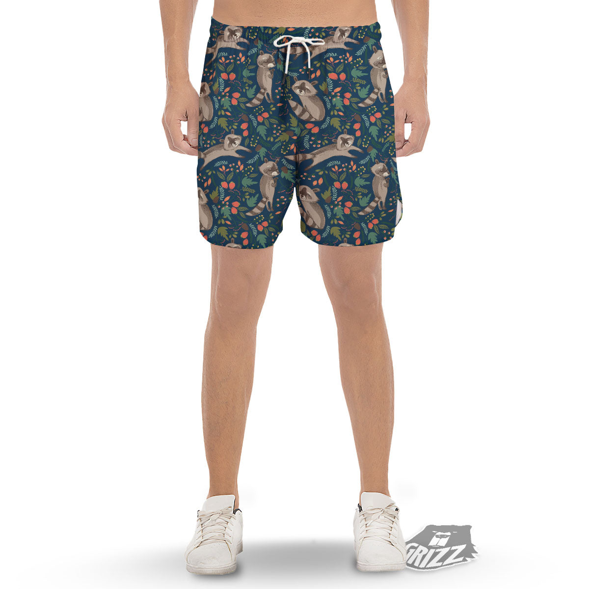 Floral And Raccoon Print Pattern Men's Gym Shorts-grizzshop