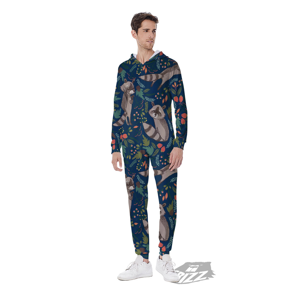 Floral And Raccoon Print Pattern Men's Jumpsuit-grizzshop