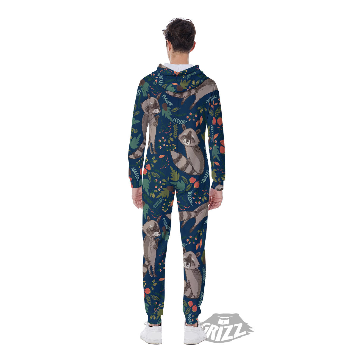 Floral And Raccoon Print Pattern Men's Jumpsuit-grizzshop