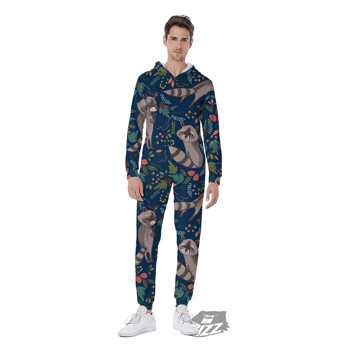 Floral And Raccoon Print Pattern Men's Jumpsuit-grizzshop