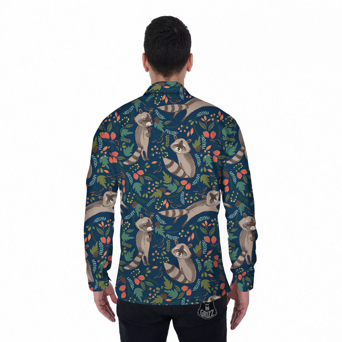 Floral And Raccoon Print Pattern Men's Long Sleeve Shirts-grizzshop