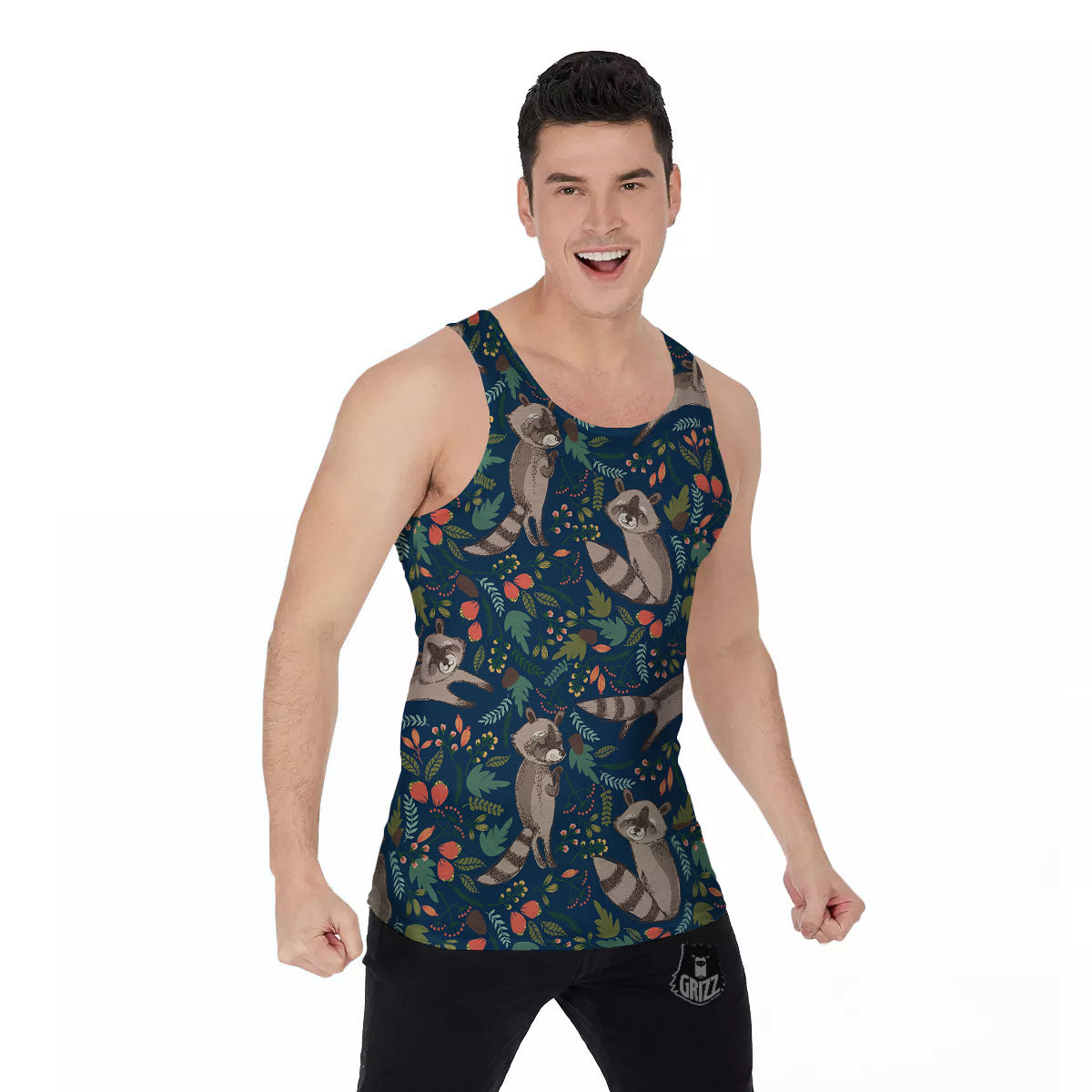 Floral And Raccoon Print Pattern Men's Tank Top-grizzshop