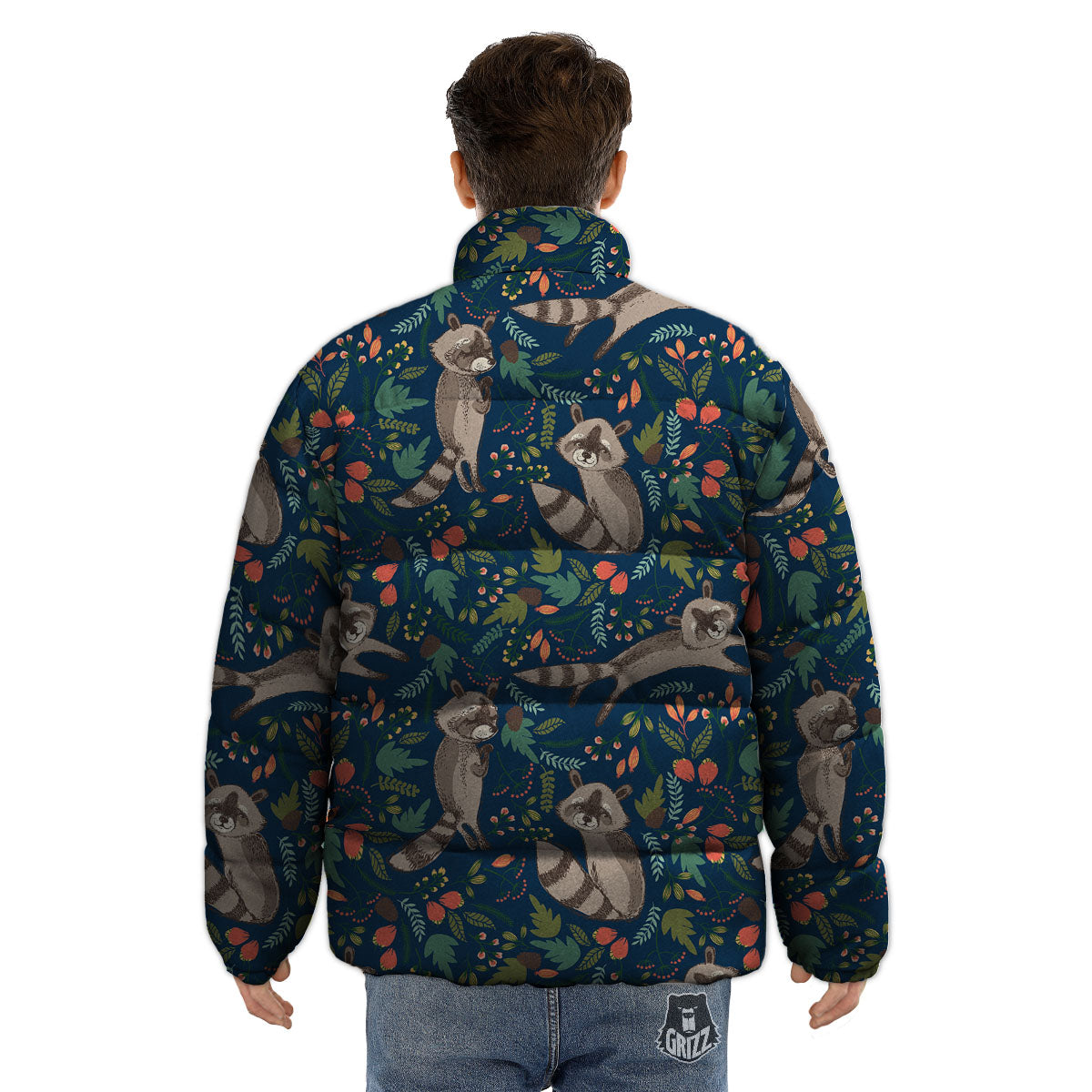 Floral And Raccoon Print Pattern Puffer Jacket-grizzshop