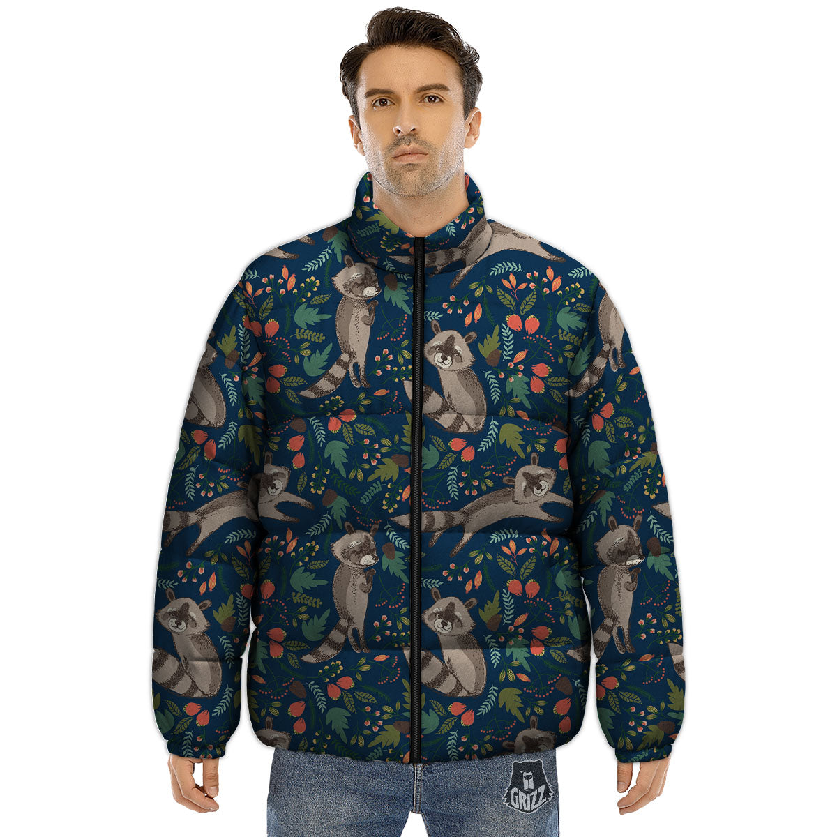 Floral And Raccoon Print Pattern Puffer Jacket-grizzshop