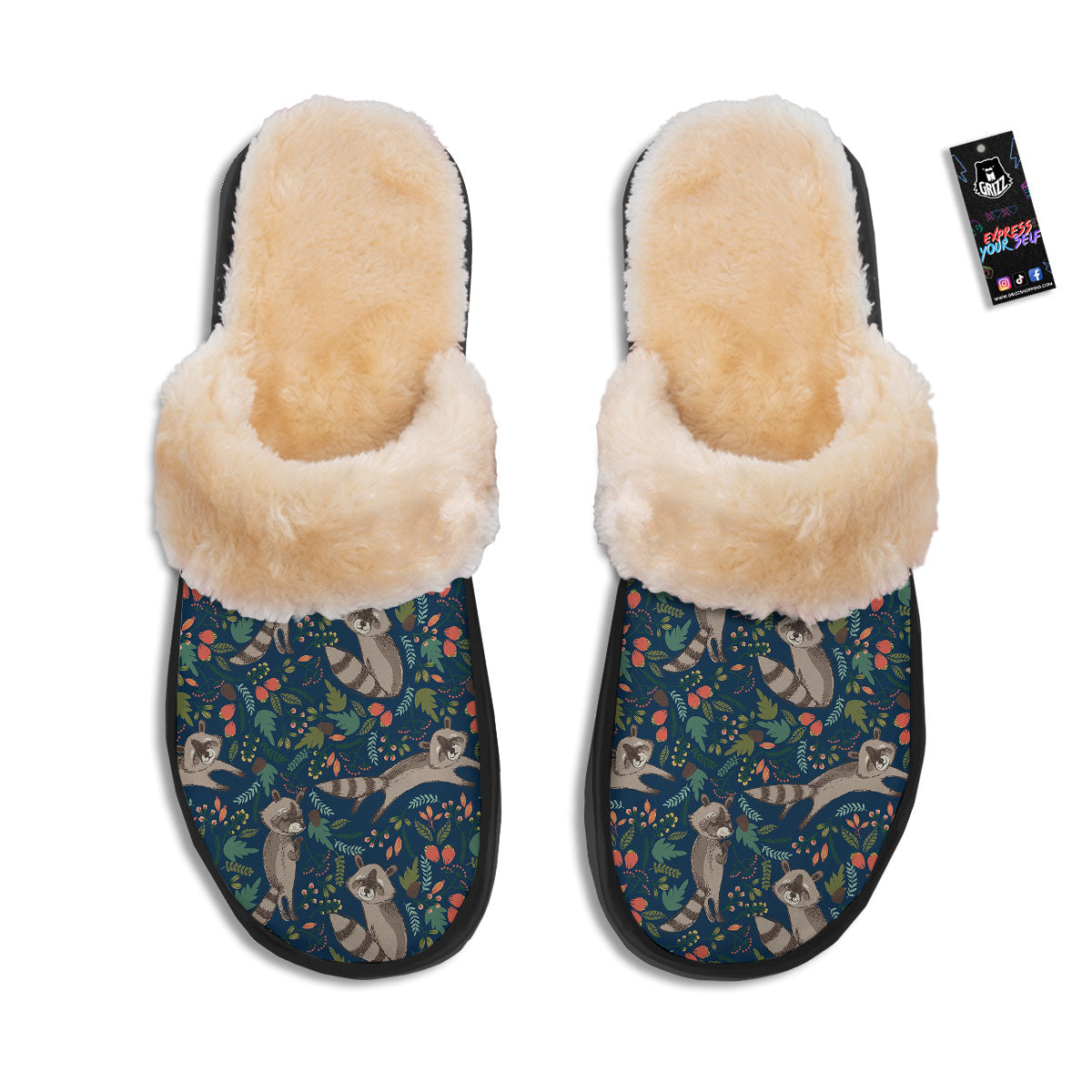 Floral And Raccoon Print Pattern Slippers-grizzshop