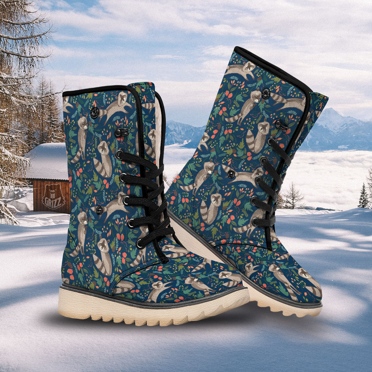 Floral And Raccoon Print Pattern Snow Boots-grizzshop