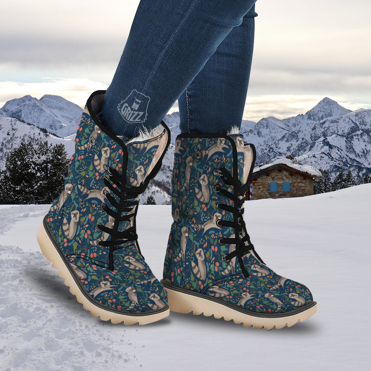 Floral And Raccoon Print Pattern Snow Boots-grizzshop
