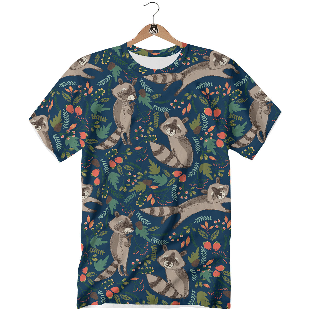 Floral And Raccoon Print Pattern T-Shirt-grizzshop
