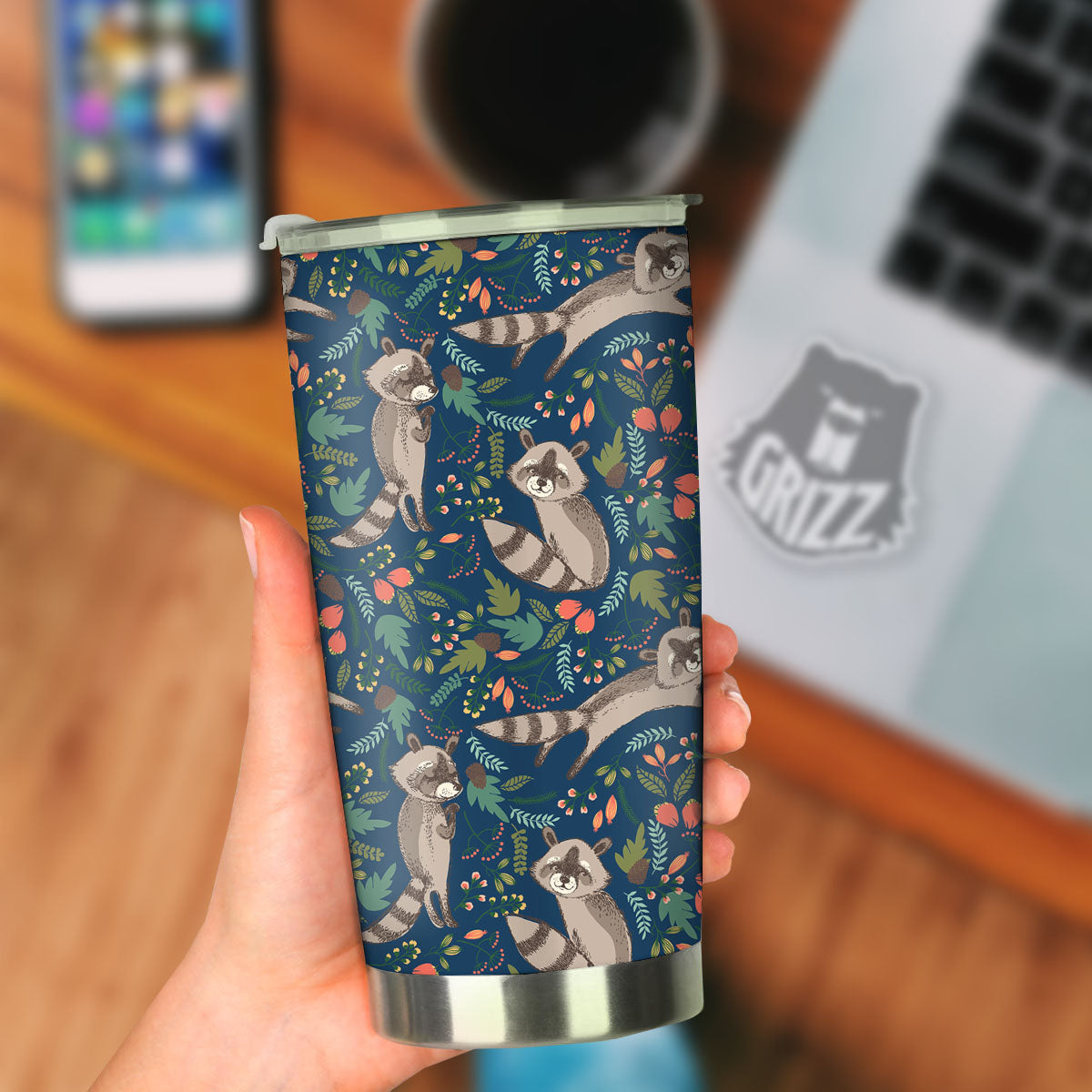 Floral And Raccoon Print Pattern Tumbler-grizzshop