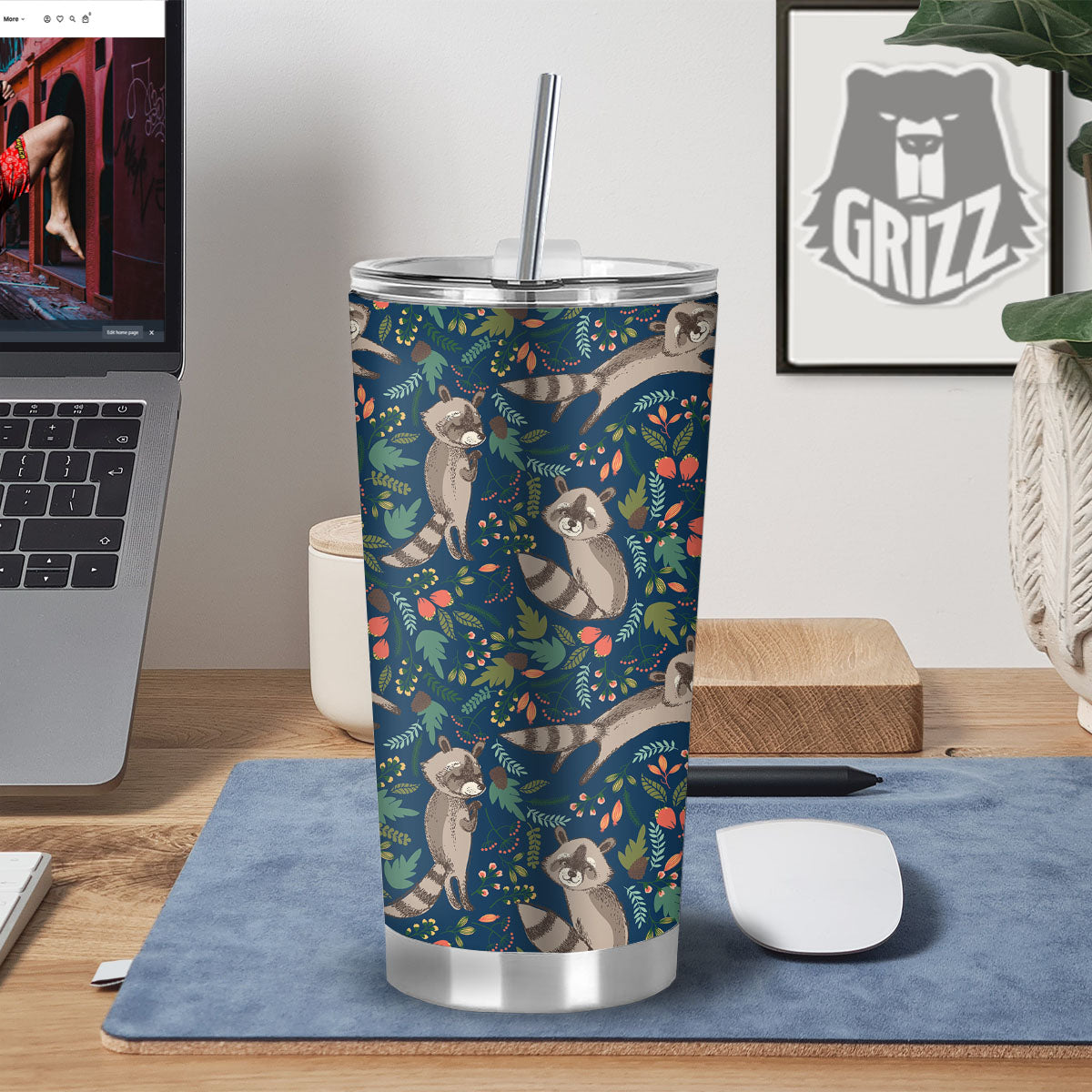 Floral And Raccoon Print Pattern Tumbler-grizzshop