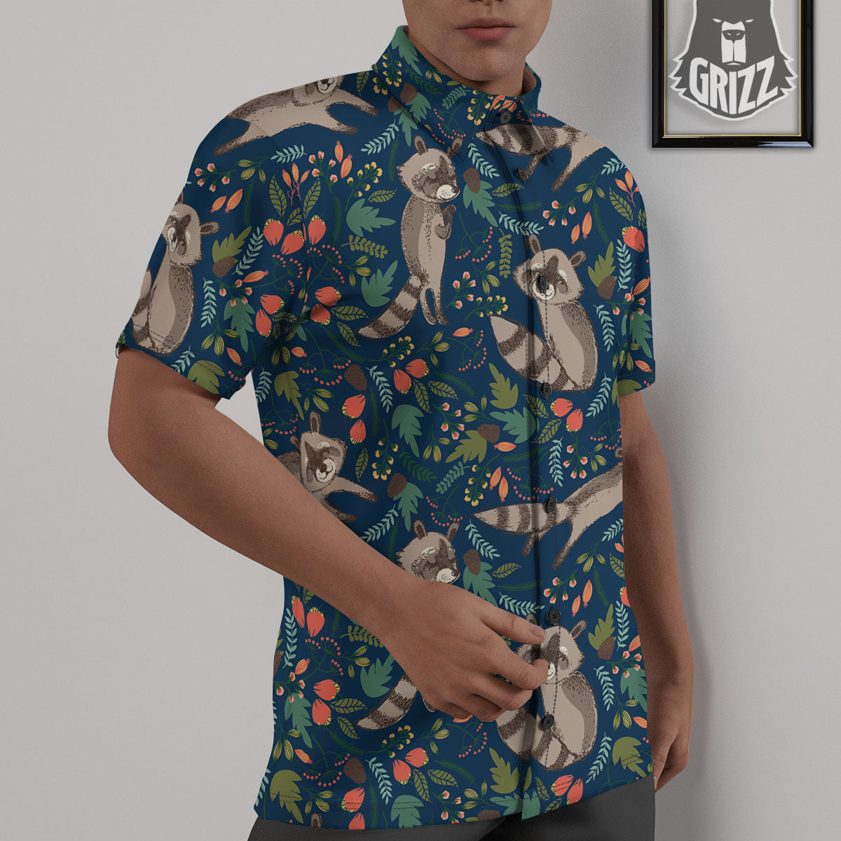 Floral And Raccoon Print Pattern Untucked Shirts-grizzshop