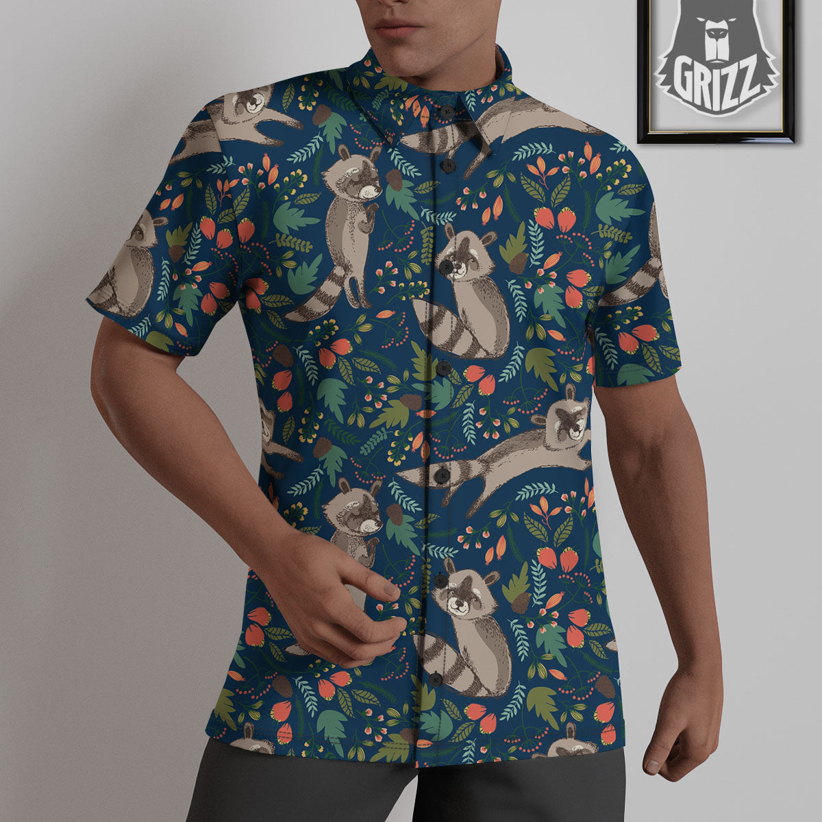 Floral And Raccoon Print Pattern Untucked Shirts-grizzshop