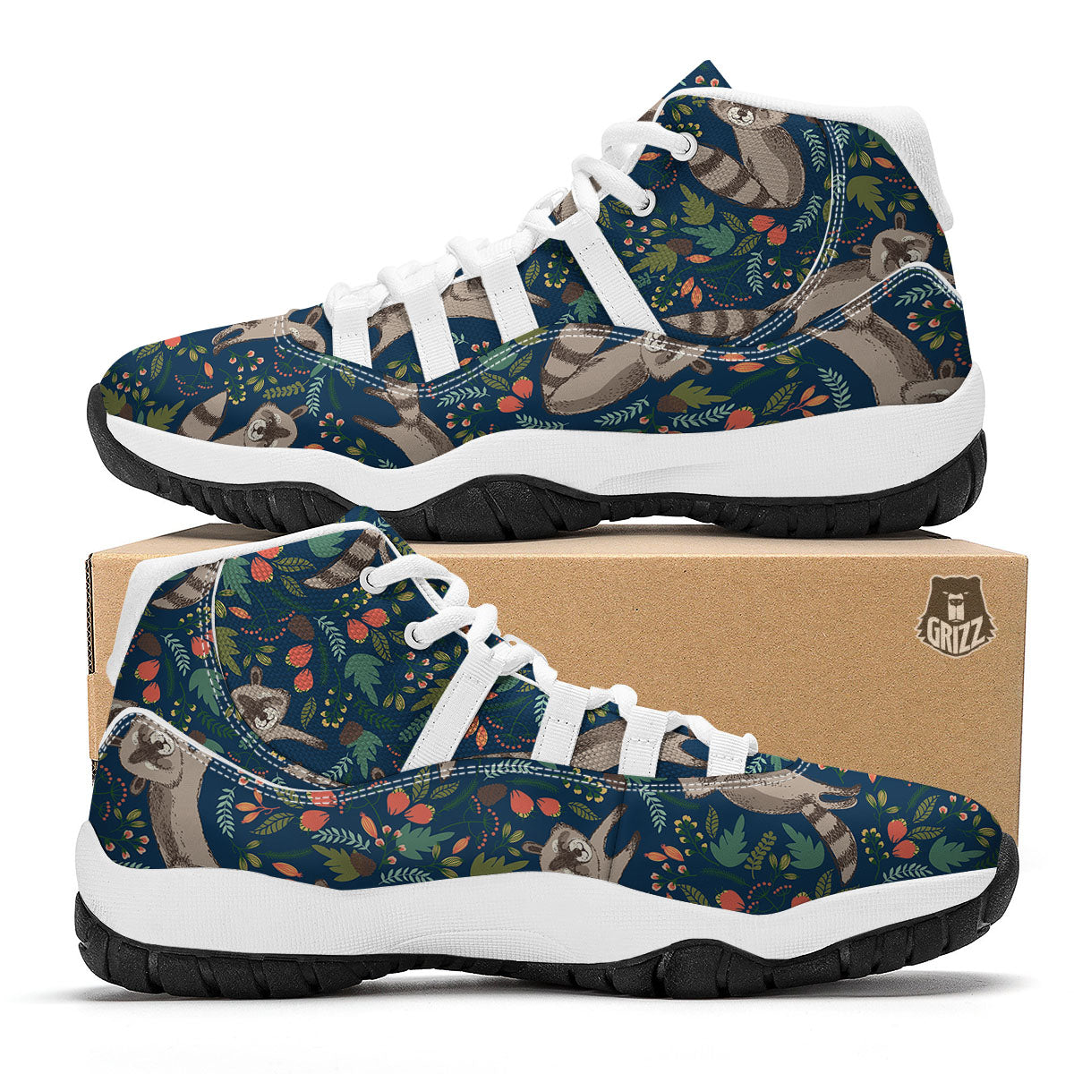 Floral And Raccoon Print Pattern White Bball Shoes-grizzshop