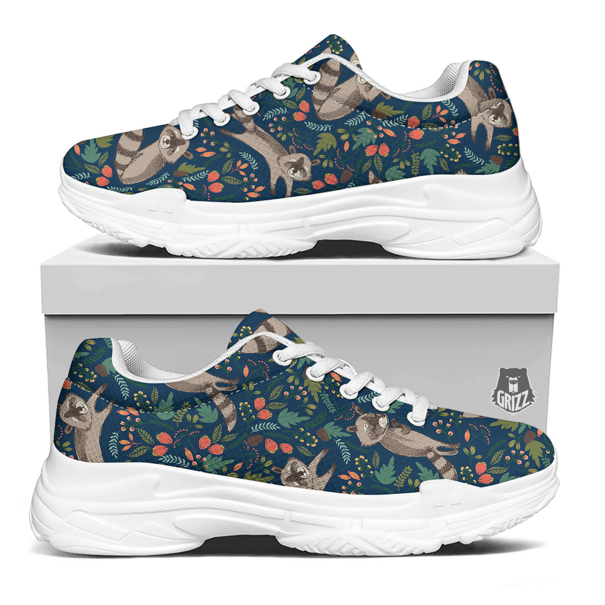 Floral And Raccoon Print Pattern White Chunky Shoes-grizzshop