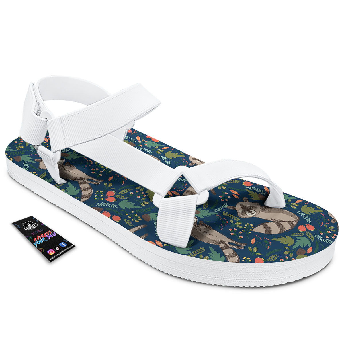 Floral And Raccoon Print Pattern White Open Toe Sandals-grizzshop