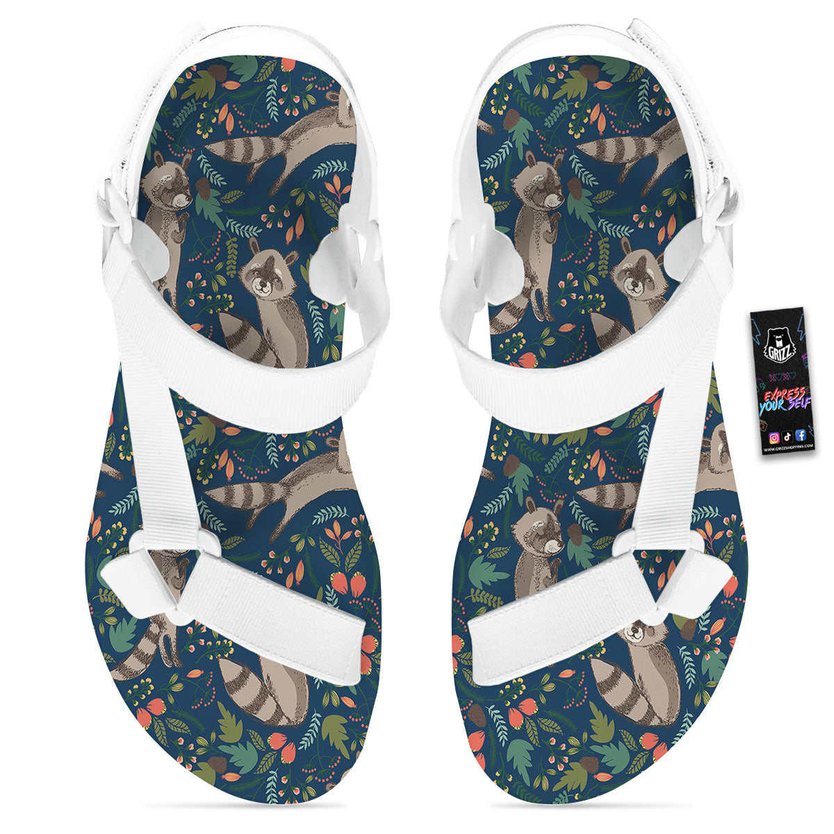 Floral And Raccoon Print Pattern White Open Toe Sandals-grizzshop