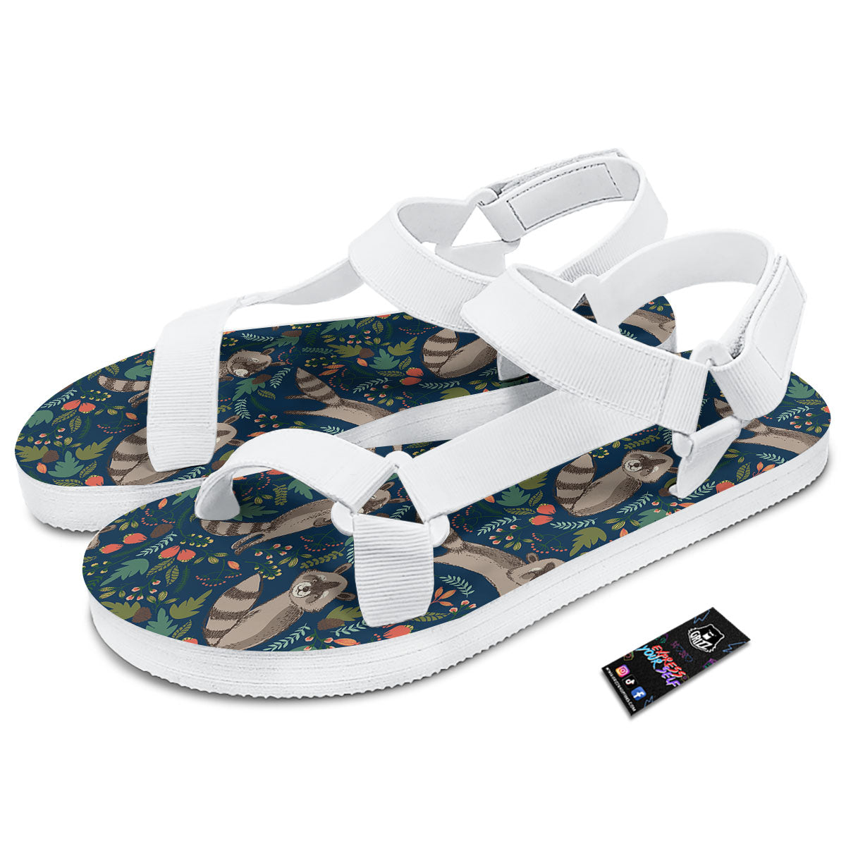 Floral And Raccoon Print Pattern White Open Toe Sandals-grizzshop