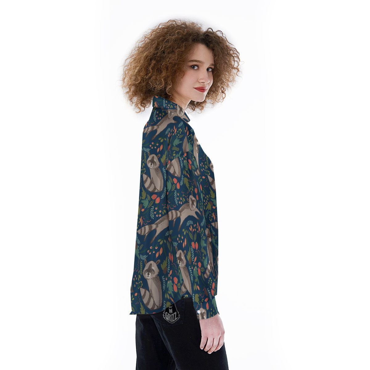Floral And Raccoon Print Pattern Women's Long Sleeve Shirts-grizzshop