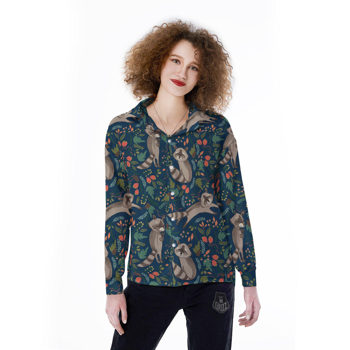 Floral And Raccoon Print Pattern Women's Long Sleeve Shirts-grizzshop