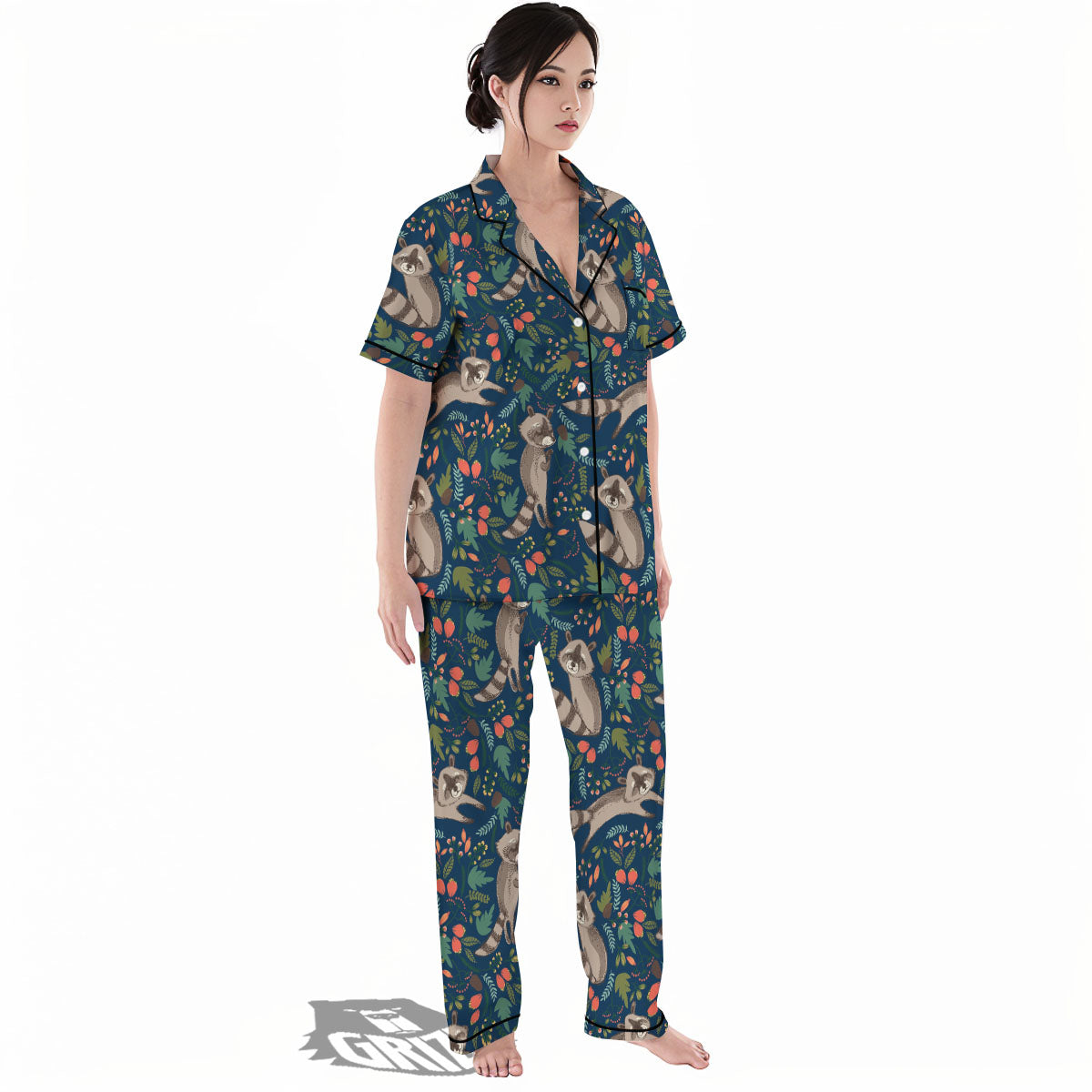 Floral And Raccoon Print Pattern Women's Pajamas Set-grizzshop