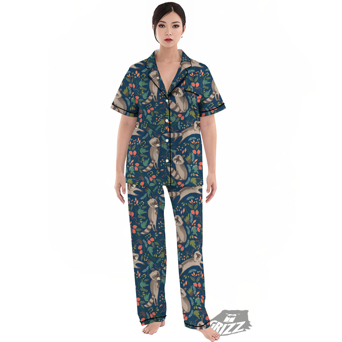 Floral And Raccoon Print Pattern Women's Pajamas Set-grizzshop